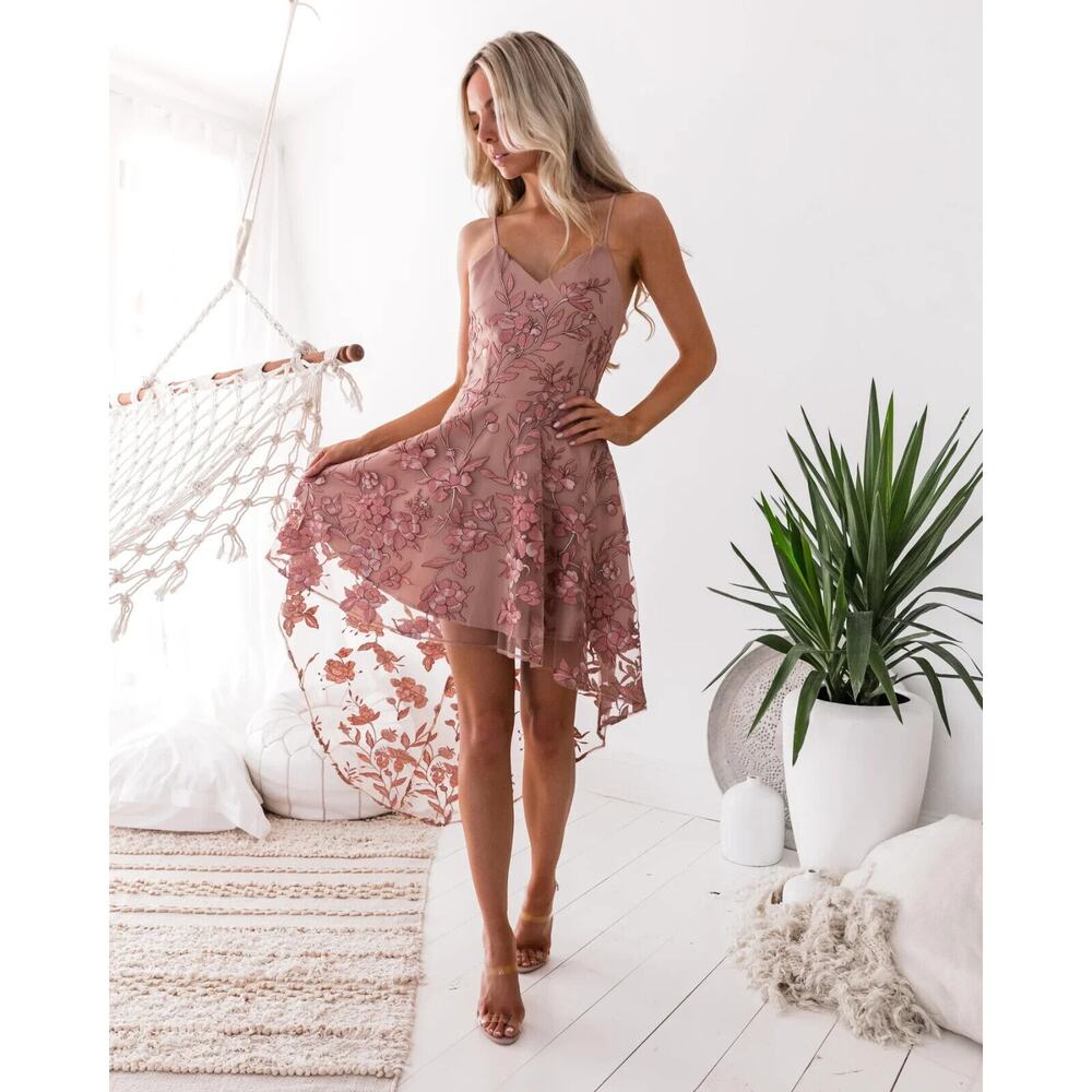 Twosisters the Label Saskia Floral Embroidery Dress Rose High Low Size 2